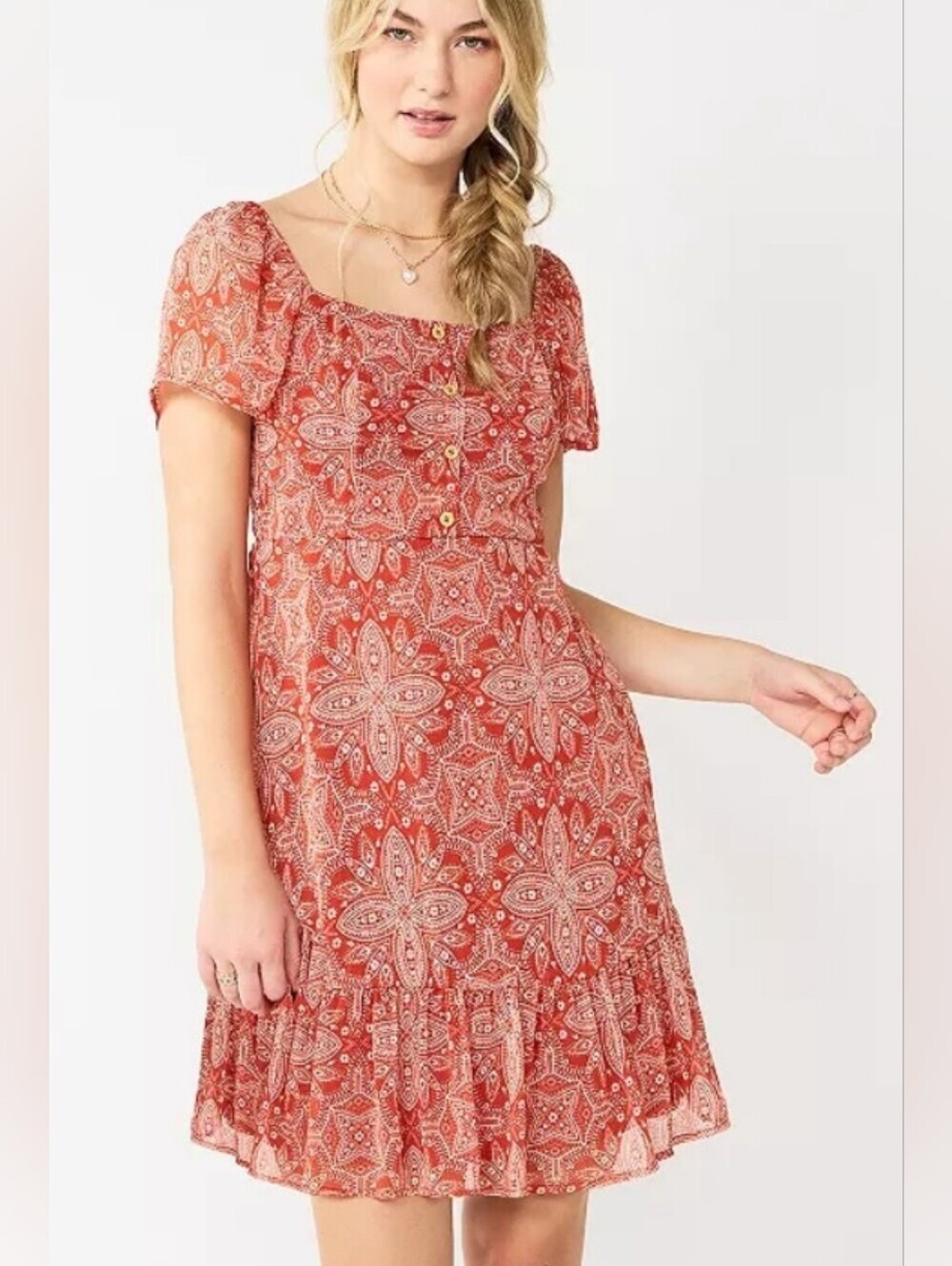 NWT, Spoiled Red Paisley Square-Neck Mini Dress.Size S